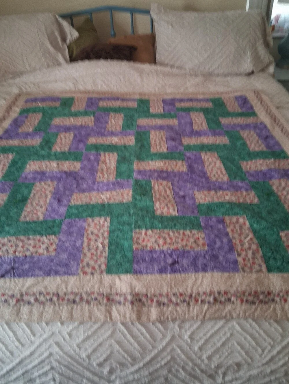 Tender Loving Care Quilted Bedspread in Purple, Green, and Cream - Mel McGlothin